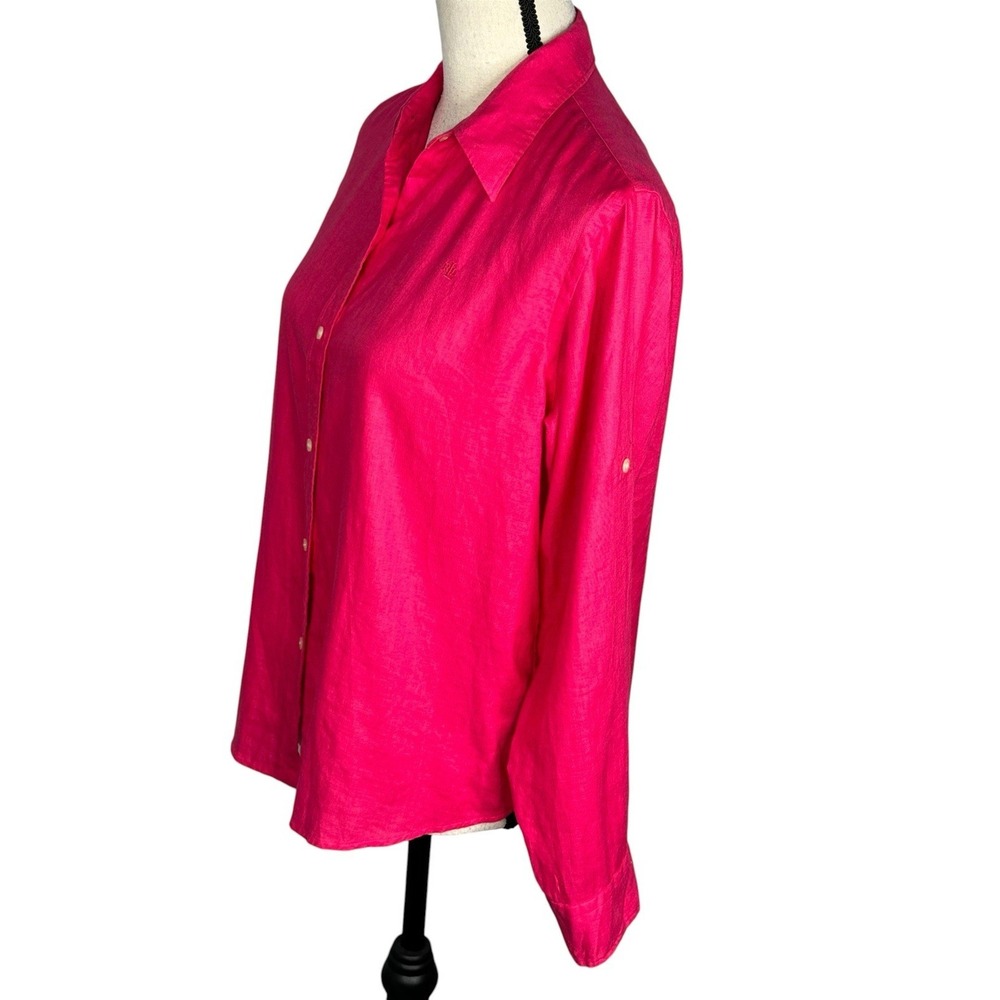 Lauren Ralph Lauren  Linen Bright Pink Button Down Blouse Size PM Petite Medium - Picture 3 of 13